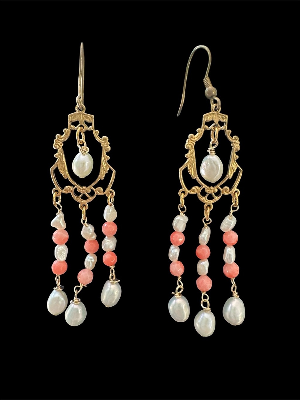 Fresh water pearl and coral filigree chandelier earrings